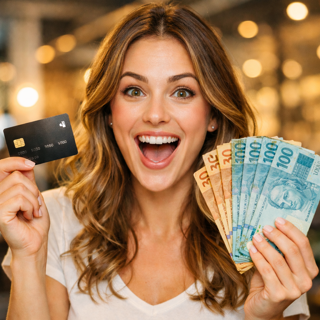 Mulher feliz com cartão de crédito e dinheiro